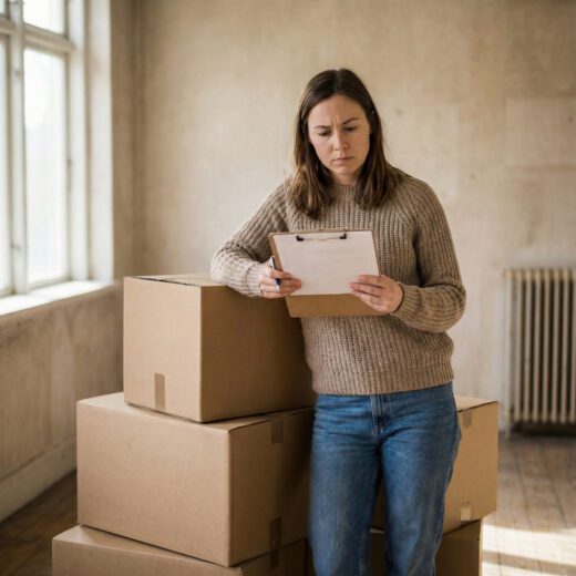 Mieterin prüft kritisch das Übergabeprotokoll auf einem Umzugskarton bevor sie unterschreibt