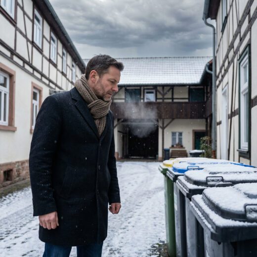 Eigentümer kontrolliert Räumpflicht auf Zuwegen zu Mülltonnen im Winter