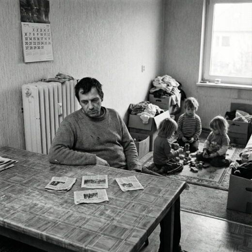 Vater am Küchentisch vor wenigen zerknitterten Wohnungsanzeigen in einer beengten Küche mit vier spielenden Kindern.