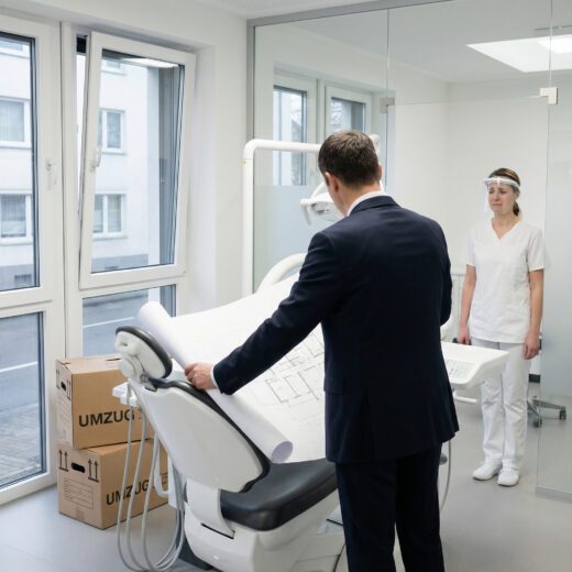 Ein Mann im Anzug breitet einen Bauplan demonstrativ über einem weißen Zahnarztstuhl vor einem Zahnarzt in kühler Praxis aus.